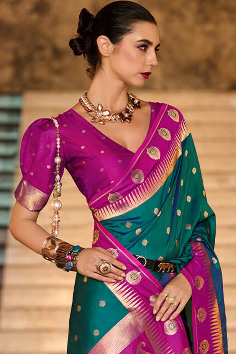 Precious Rama Soft Banarasi Silk Saree With Ailurophile Blouse Piece