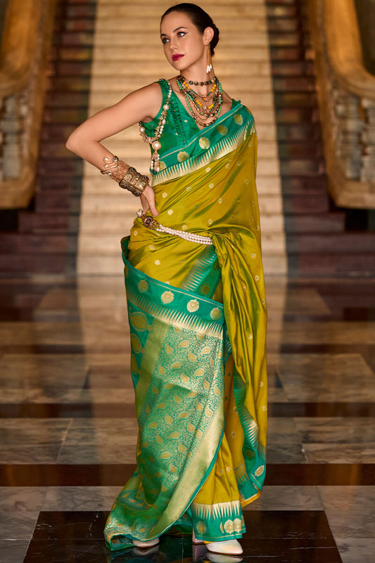 Invaluable Mustard Soft Banarasi Silk Saree With Chatoyant Blouse Piece