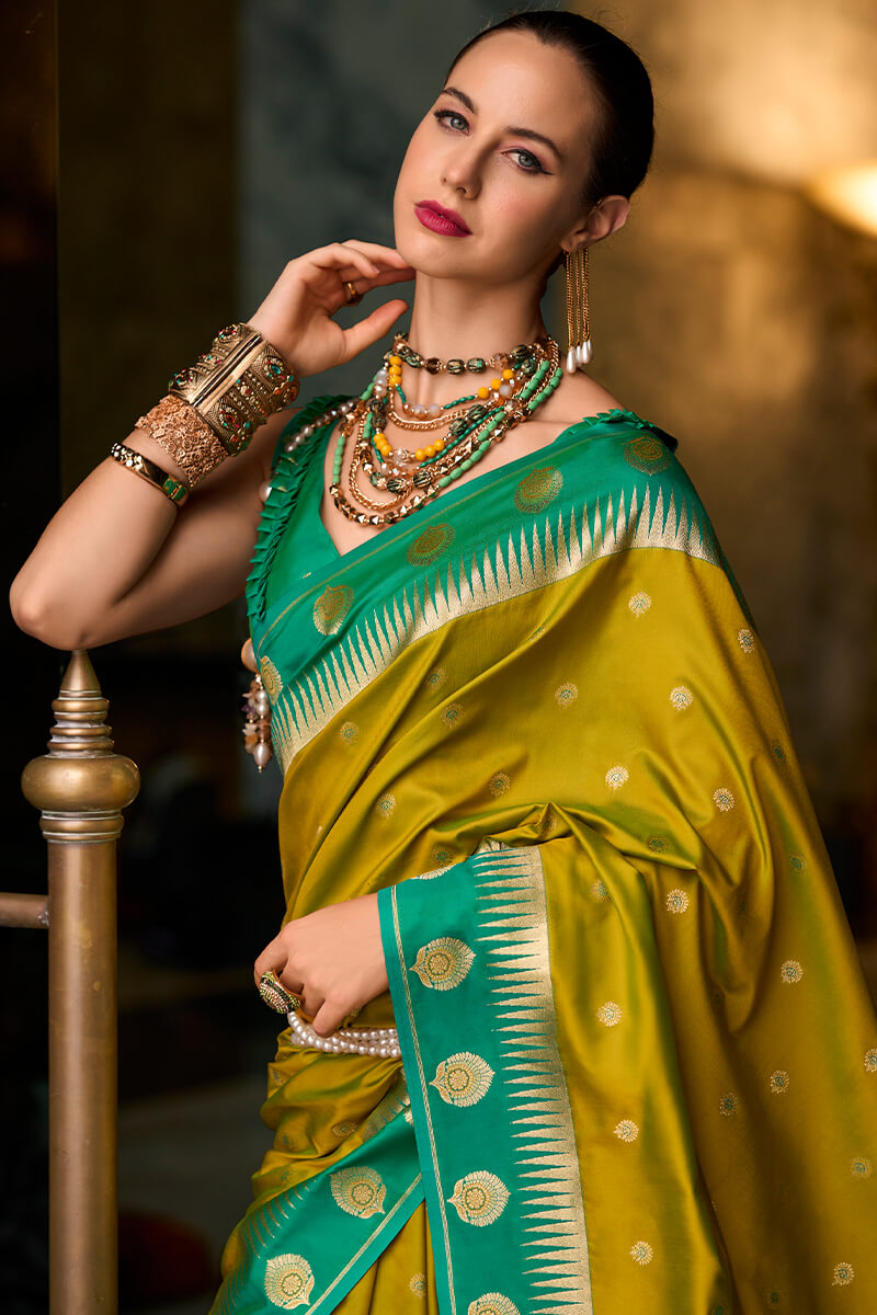 Invaluable Mustard Soft Banarasi Silk Saree With Chatoyant Blouse Piece