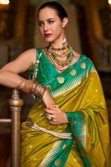Invaluable Mustard Soft Banarasi Silk Saree With Chatoyant Blouse Piece