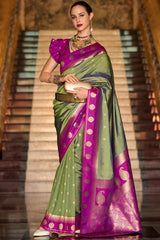 Ethnic Green Soft Banarasi Silk Saree With Bucolic Blouse Piece