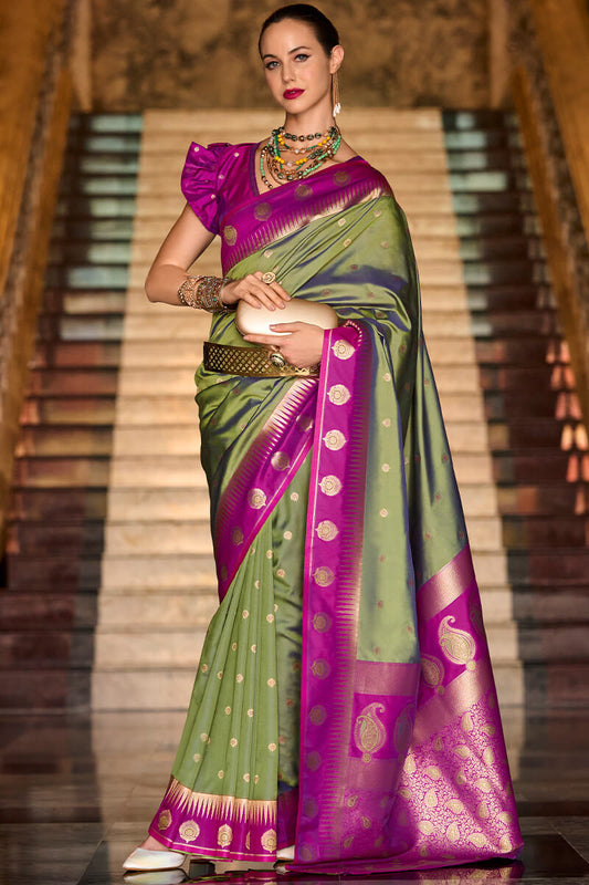Ethnic Green Soft Banarasi Silk Saree With Bucolic Blouse Piece