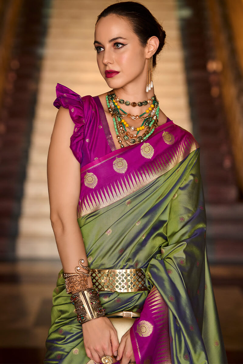 Ethnic Green Soft Banarasi Silk Saree With Bucolic Blouse Piece
