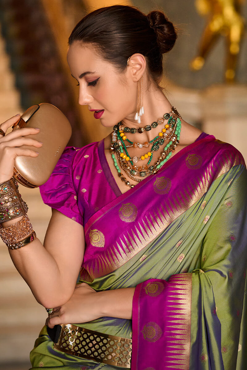 Ethnic Green Soft Banarasi Silk Saree With Bucolic Blouse Piece