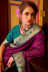 Enchanting Purple Pure Zari Weaving Banarasi Silk Saree With Embellished Blouse Piece