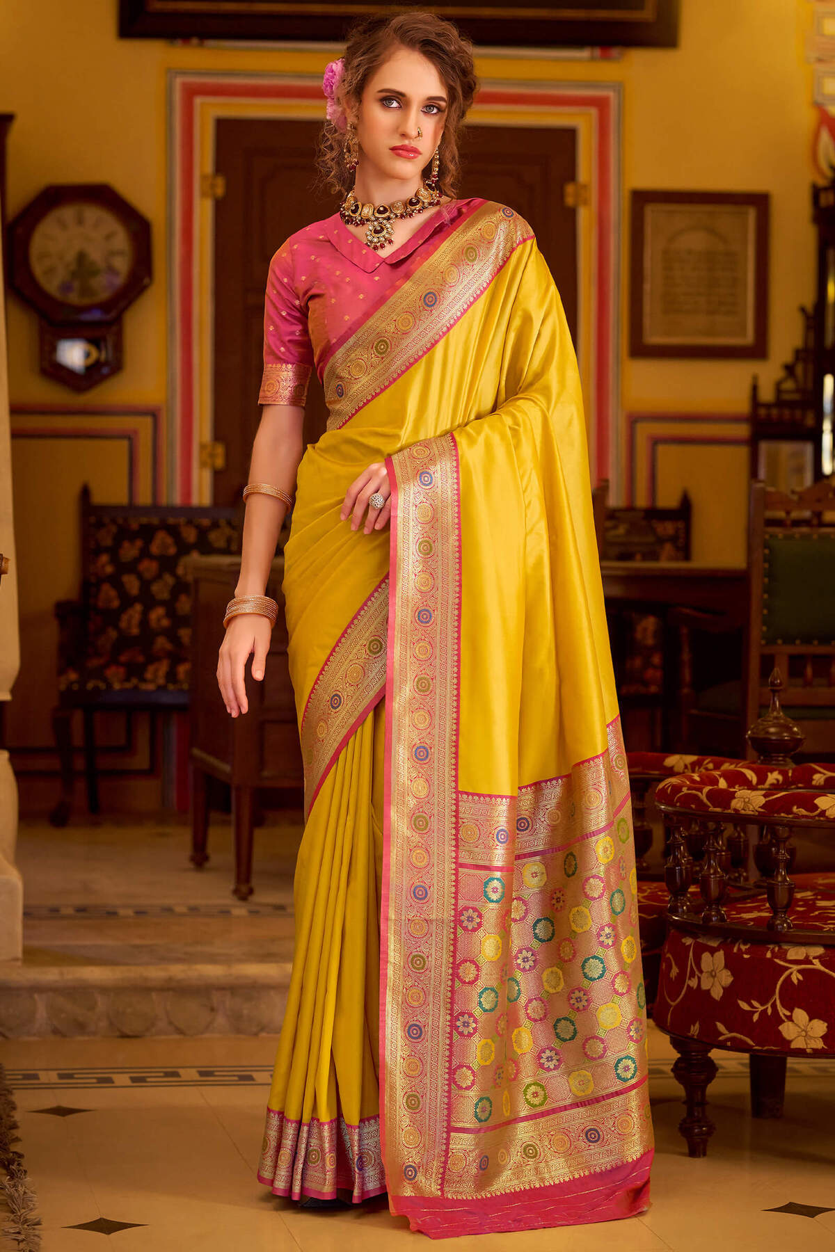 Engaging Yellow Pure Zari Weaving Banarasi Silk Saree With Vivacious Blouse Piece