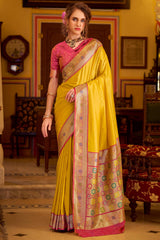 Engaging Yellow Pure Zari Weaving Banarasi Silk Saree With Vivacious Blouse Piece