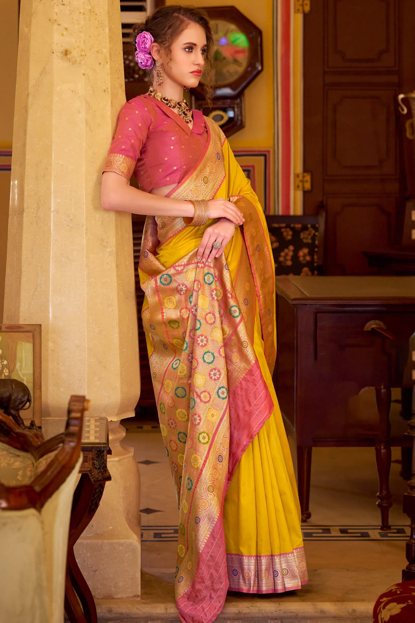 Engaging Yellow Pure Zari Weaving Banarasi Silk Saree With Vivacious Blouse Piece