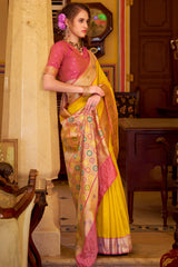 Engaging Yellow Pure Zari Weaving Banarasi Silk Saree With Vivacious Blouse Piece