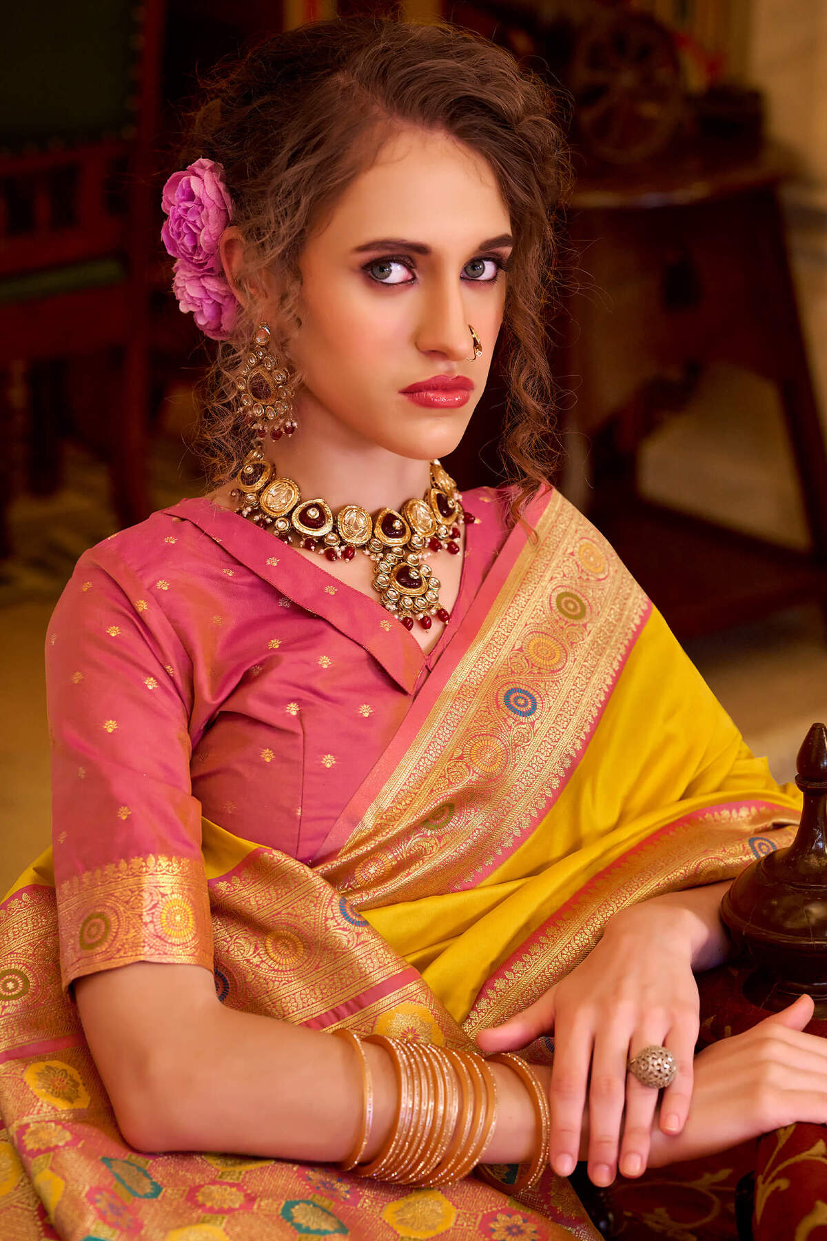 Engaging Yellow Pure Zari Weaving Banarasi Silk Saree With Vivacious Blouse Piece