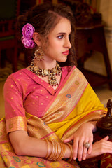 Engaging Yellow Pure Zari Weaving Banarasi Silk Saree With Vivacious Blouse Piece