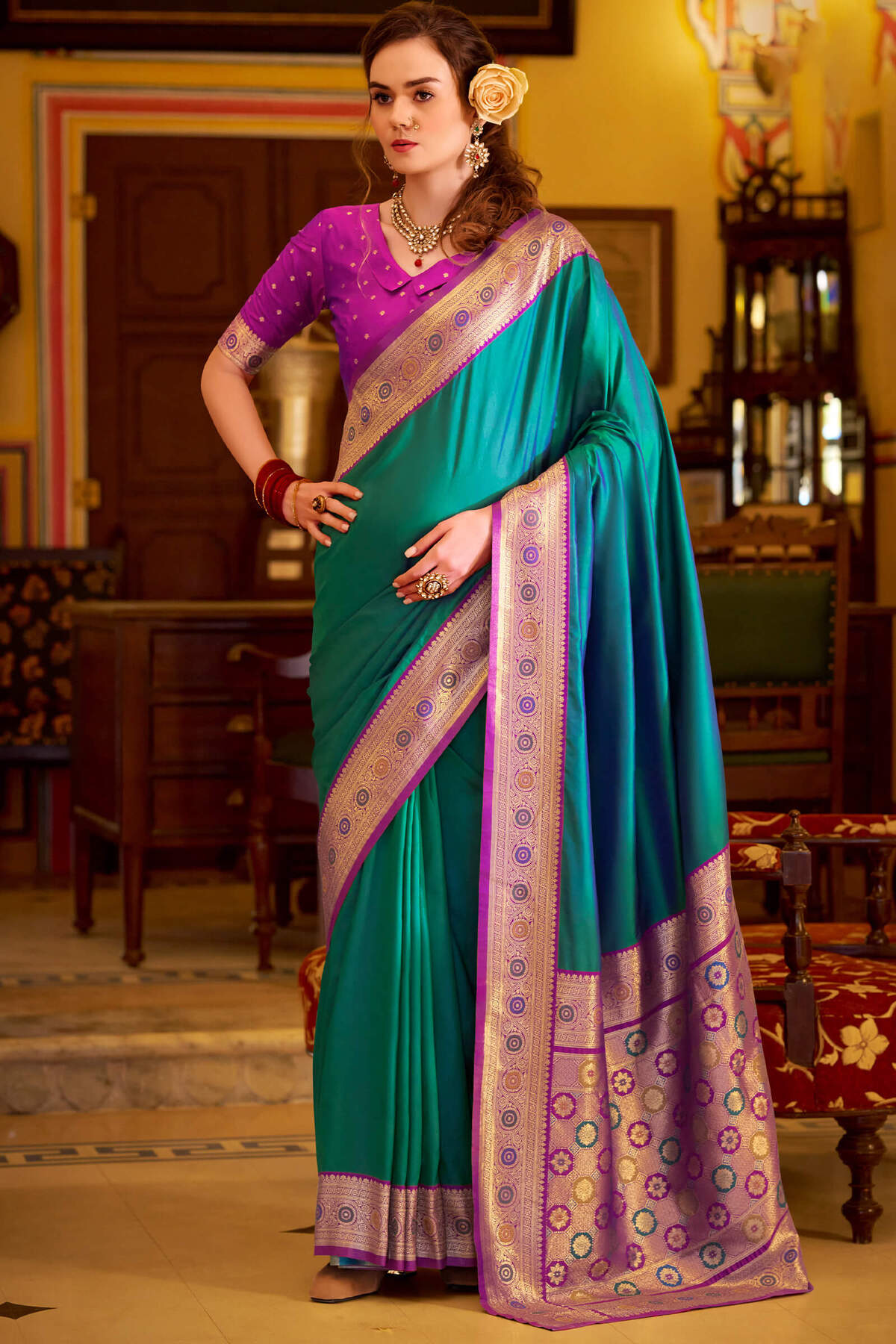 Refreshing Rama Pure Zari Weaving Banarasi Silk Saree With Lassitude Blouse Piece