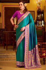 Refreshing Rama Pure Zari Weaving Banarasi Silk Saree With Lassitude Blouse Piece