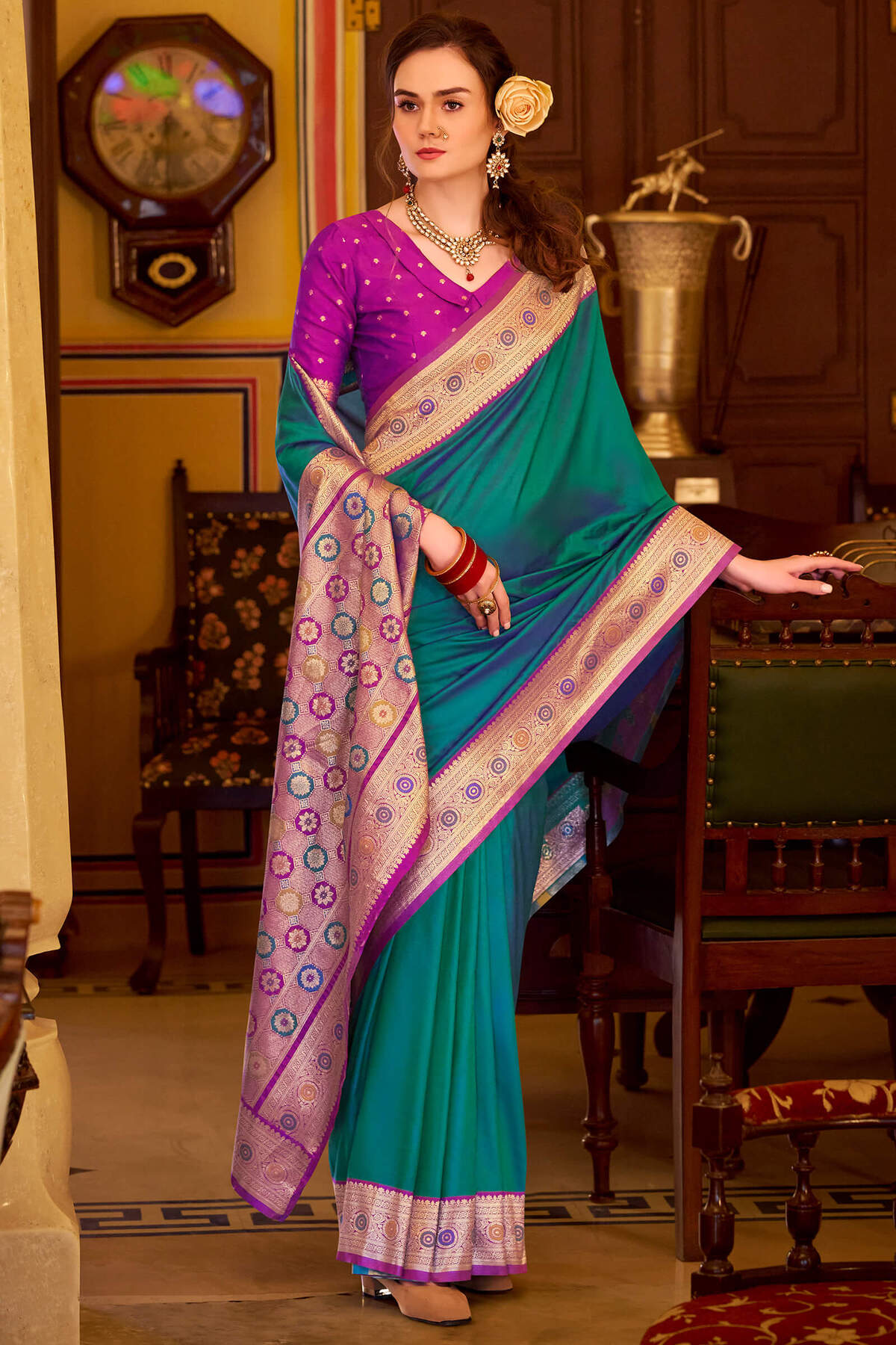 Refreshing Rama Pure Zari Weaving Banarasi Silk Saree With Lassitude Blouse Piece