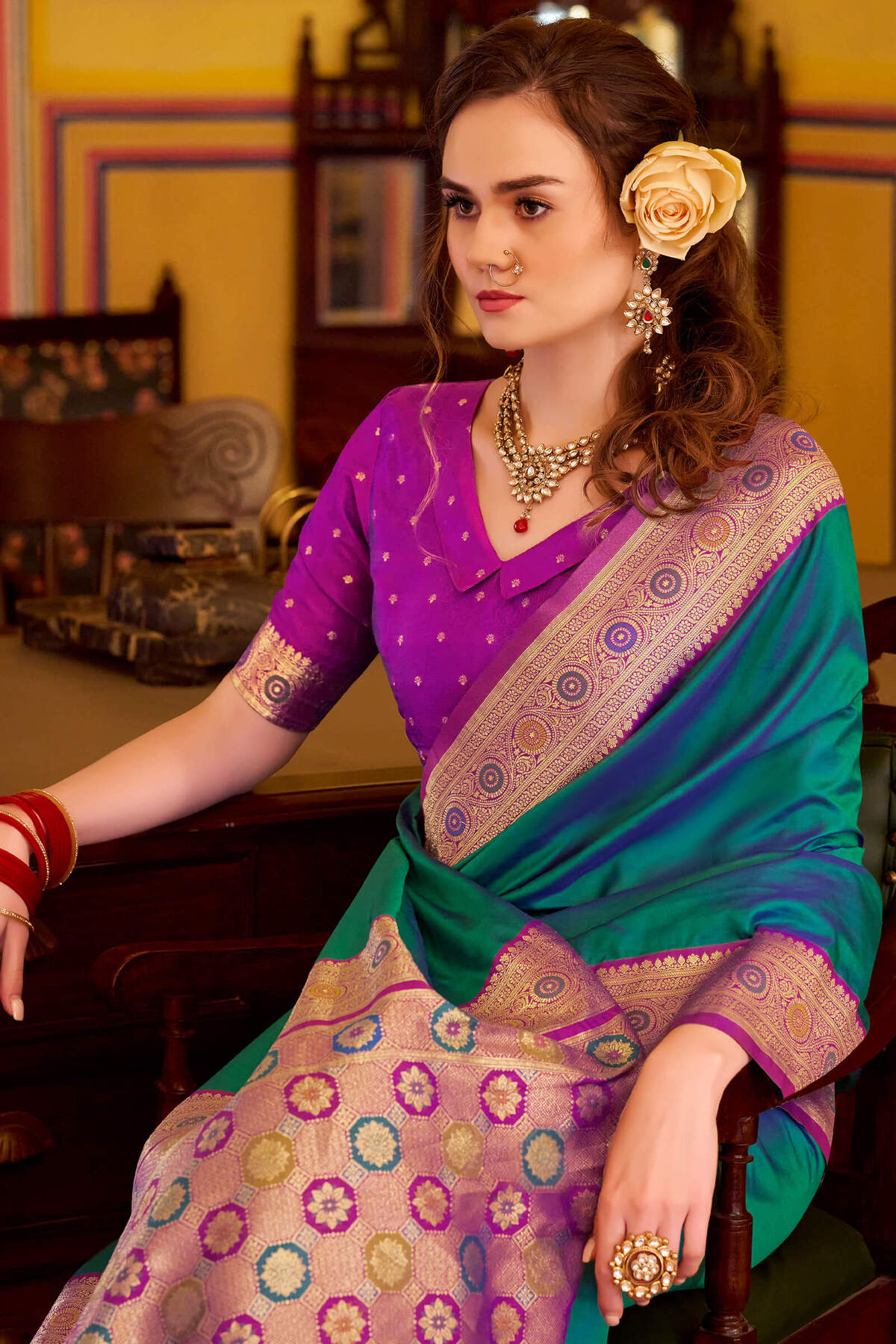 Refreshing Rama Pure Zari Weaving Banarasi Silk Saree With Lassitude Blouse Piece