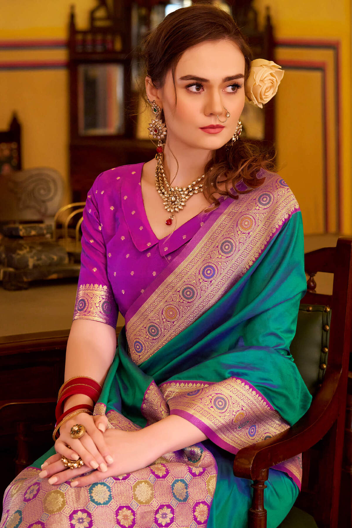 Refreshing Rama Pure Zari Weaving Banarasi Silk Saree With Lassitude Blouse Piece