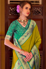 Prominent Mehndi Pure Zari Weaving Banarasi Silk Saree With Precious Blouse Piece