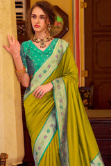 Prominent Mehndi Pure Zari Weaving Banarasi Silk Saree With Precious Blouse Piece