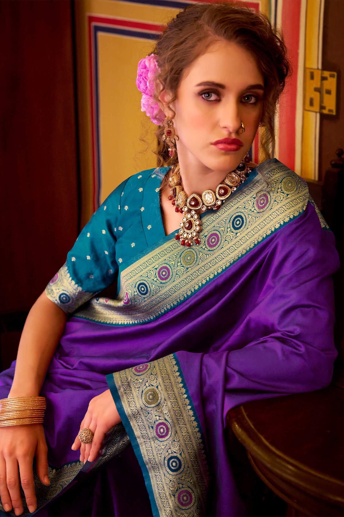 Forbearance Royal Purple Pure Zari Weaving Banarasi Silk Saree With Beleaguer Blouse Piece