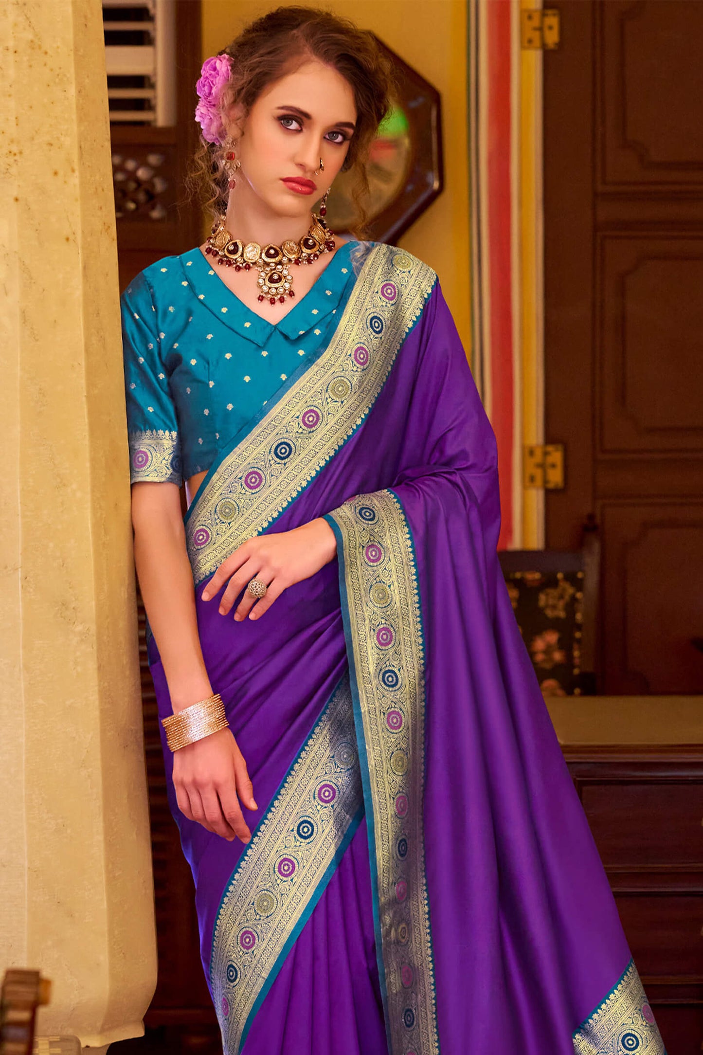 Forbearance Royal Purple Pure Zari Weaving Banarasi Silk Saree With Beleaguer Blouse Piece