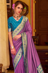 Inspiring Lavender Pure Zari Weaving Banarasi Silk Saree With Opulent Blouse Piece