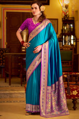 Desultory Firozi Pure Zari Weaving Banarasi Silk Saree With Most Flattering Blouse Piece