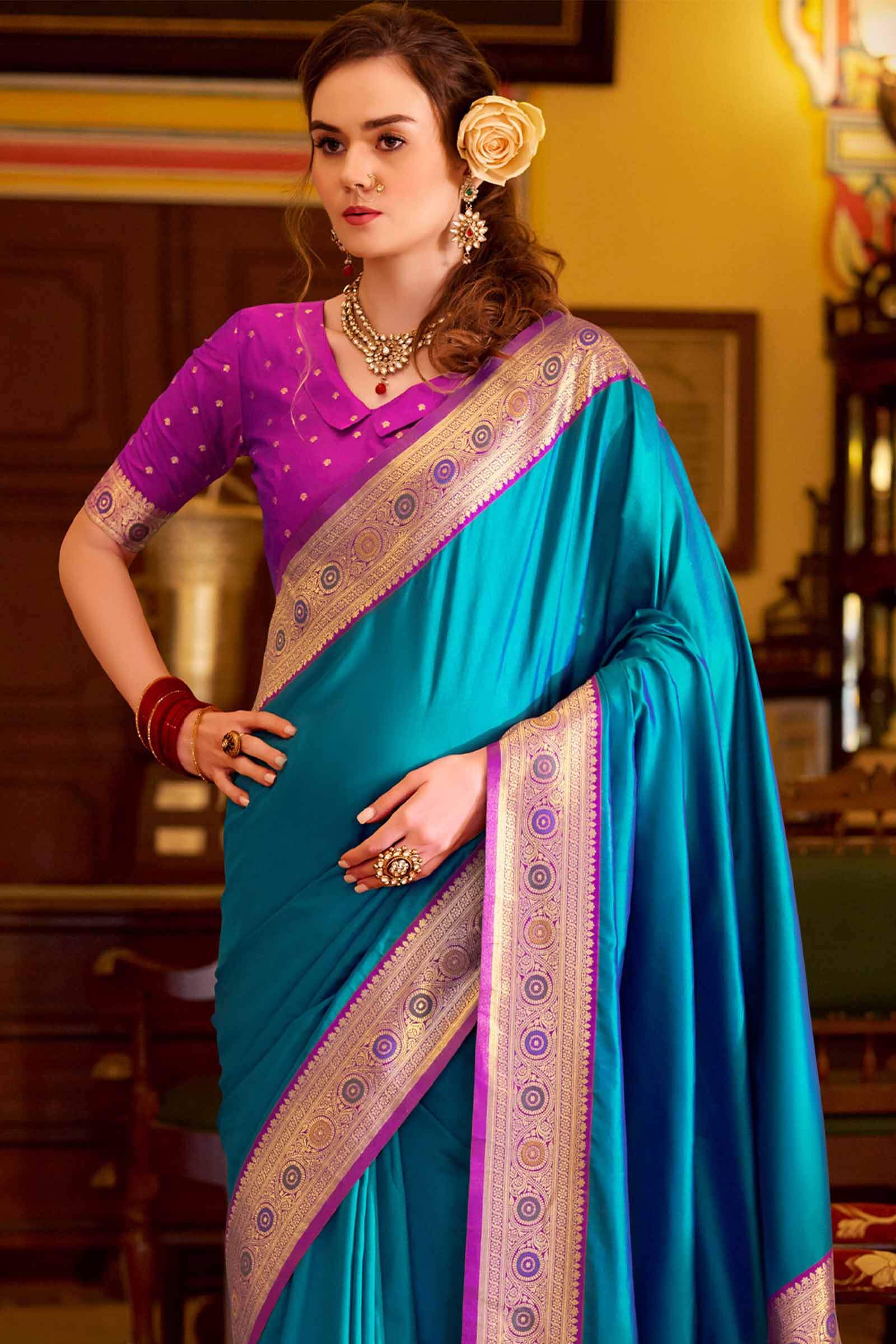 Desultory Firozi Pure Zari Weaving Banarasi Silk Saree With Most Flattering Blouse Piece