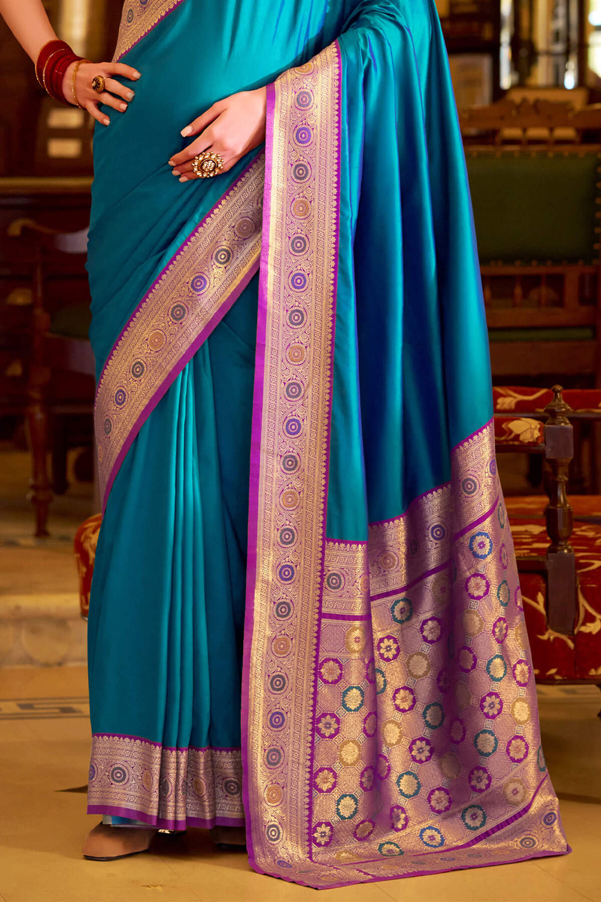 Desultory Firozi Pure Zari Weaving Banarasi Silk Saree With Most Flattering Blouse Piece