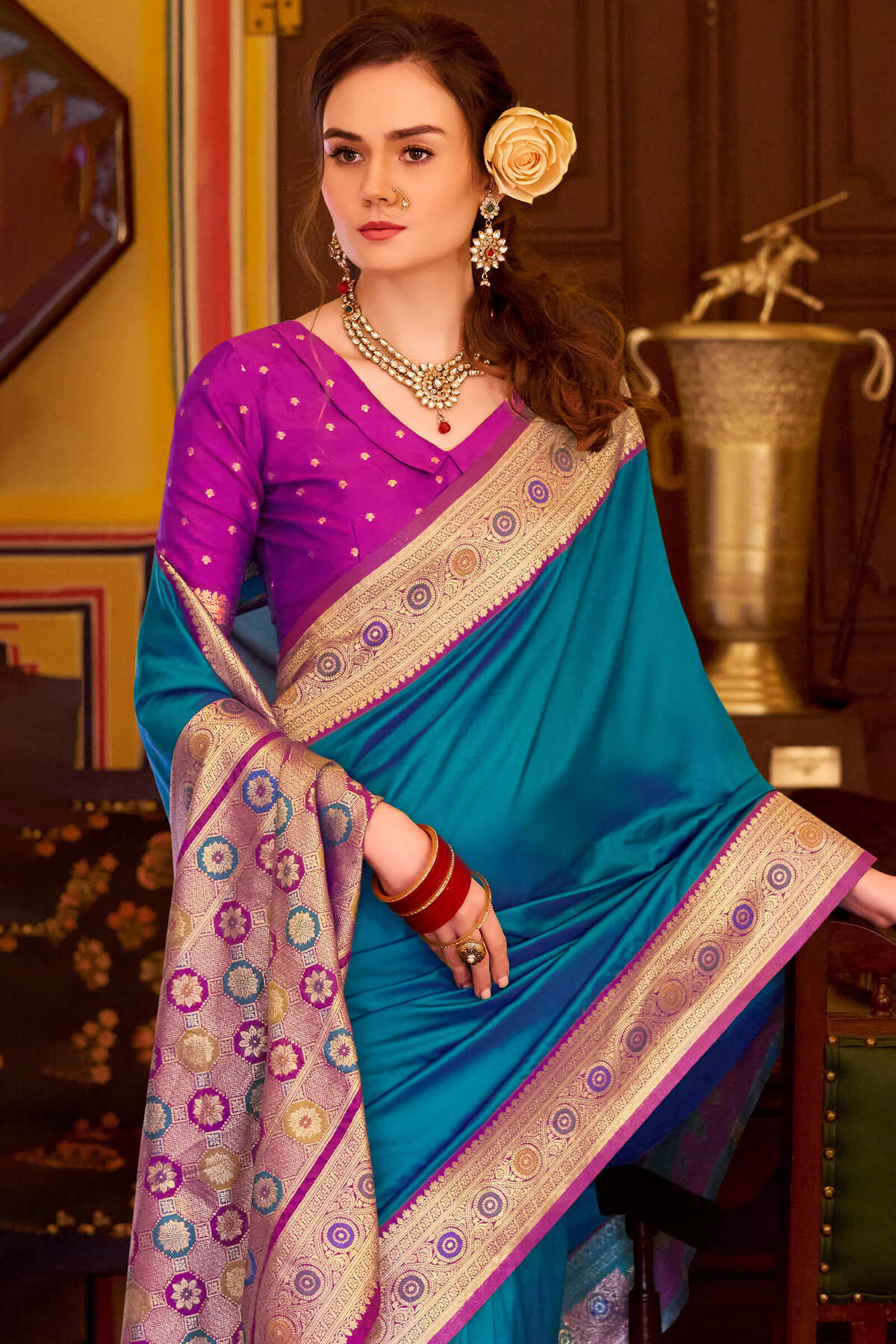 Desultory Firozi Pure Zari Weaving Banarasi Silk Saree With Most Flattering Blouse Piece