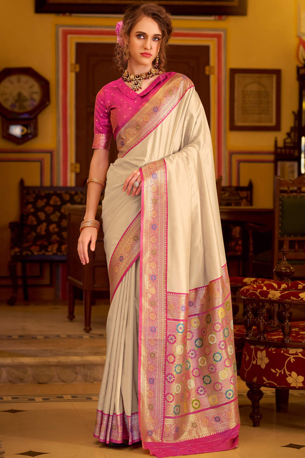 Vibrant Beige Pure Zari Weaving Banarasi Silk Saree With Dazzling Blouse Piece