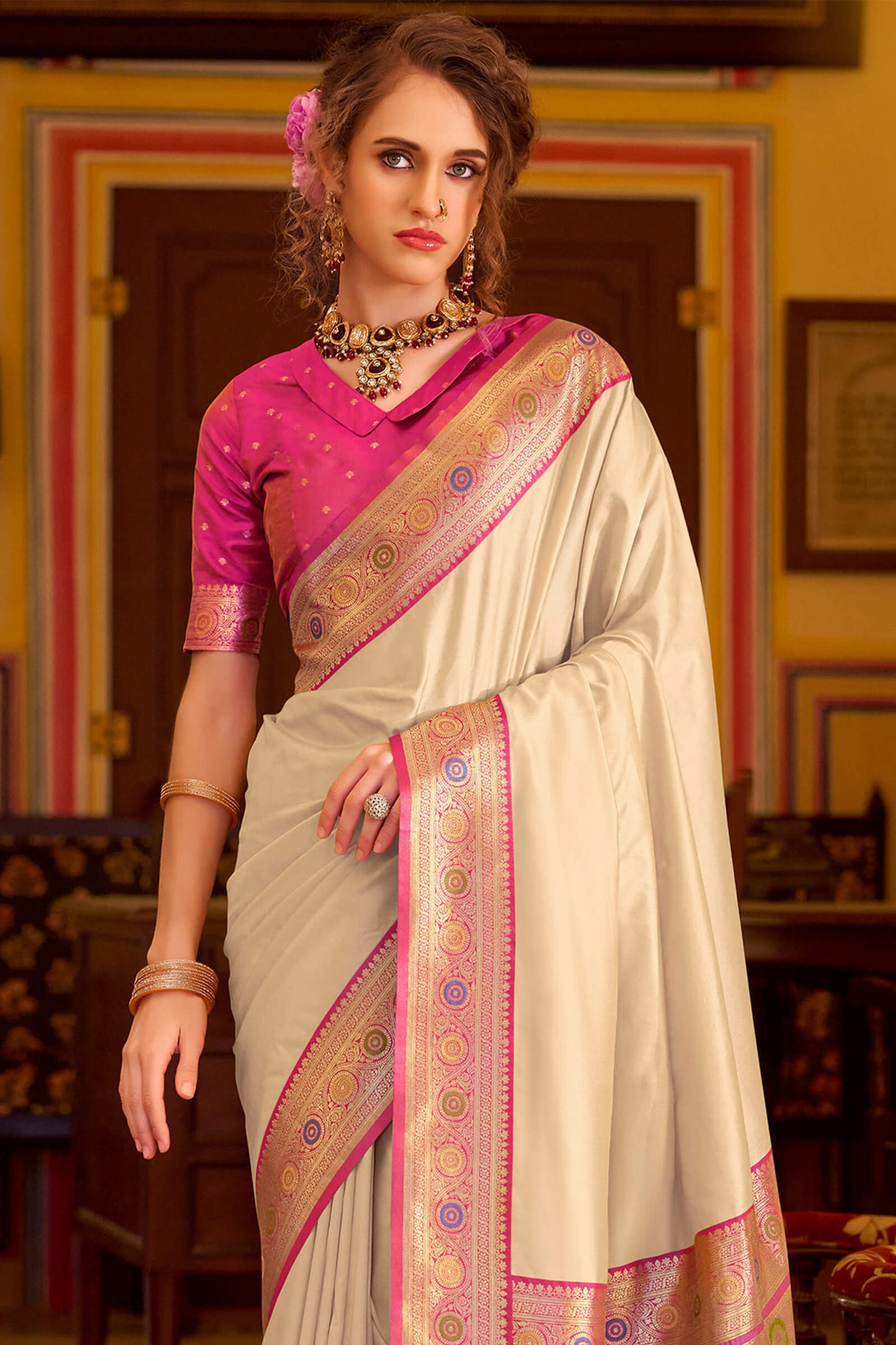 Vibrant Beige Pure Zari Weaving Banarasi Silk Saree With Dazzling Blouse Piece
