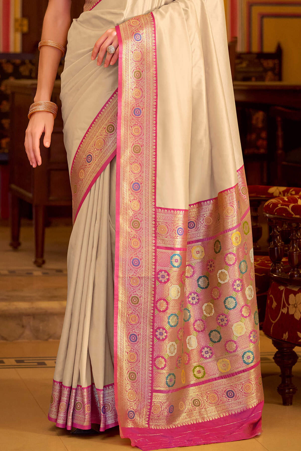 Vibrant Beige Pure Zari Weaving Banarasi Silk Saree With Dazzling Blouse Piece