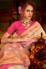 Vibrant Beige Pure Zari Weaving Banarasi Silk Saree With Dazzling Blouse Piece