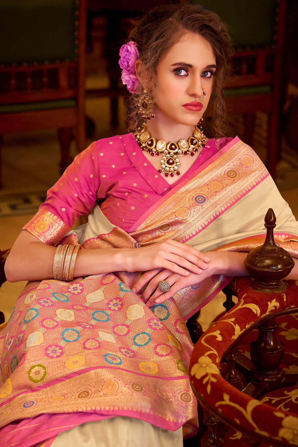 Vibrant Beige Pure Zari Weaving Banarasi Silk Saree With Dazzling Blouse Piece