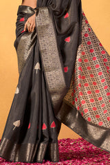 Denouement Black Foil Printed Dola Silk Saree With Snazzy Blouse Piece