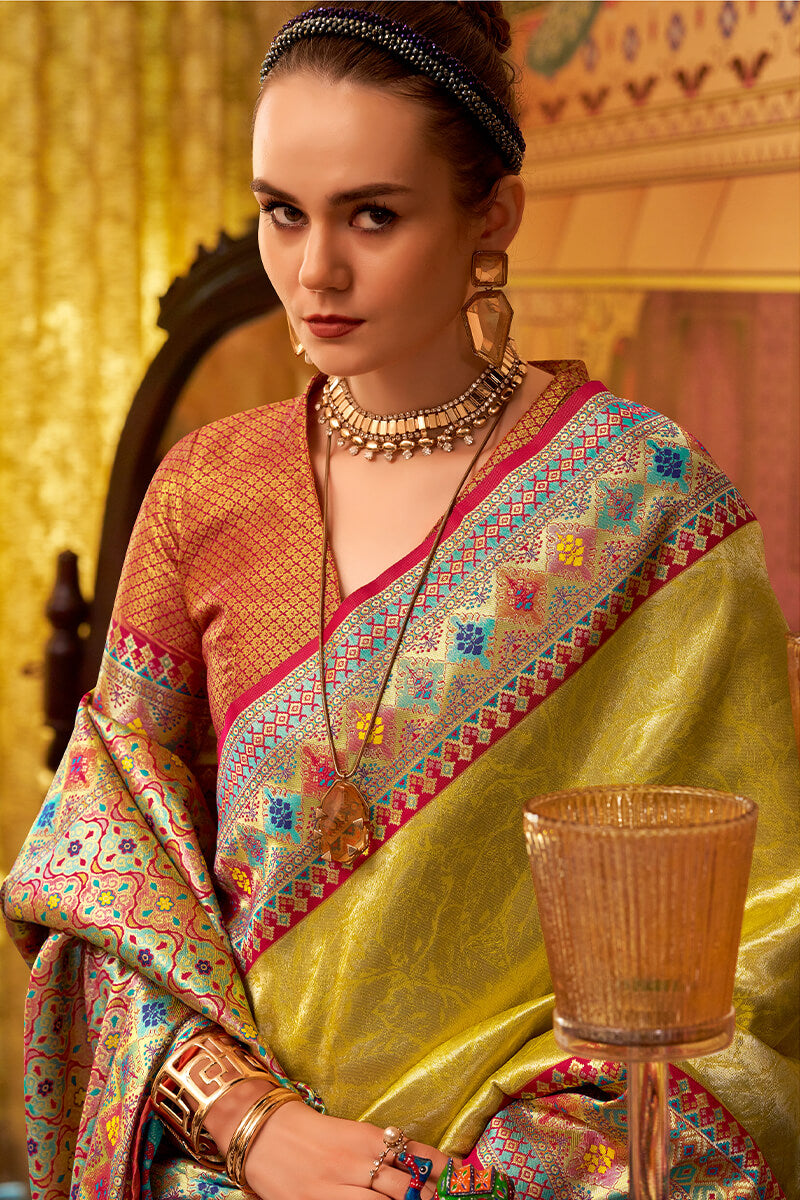 Improbable Yellow Soft Banarasi Tissue Silk Saree With Luminous Blouse Piece