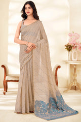 Panache Beige Pure Munga Cotton Saree With Precious Blouse Piece