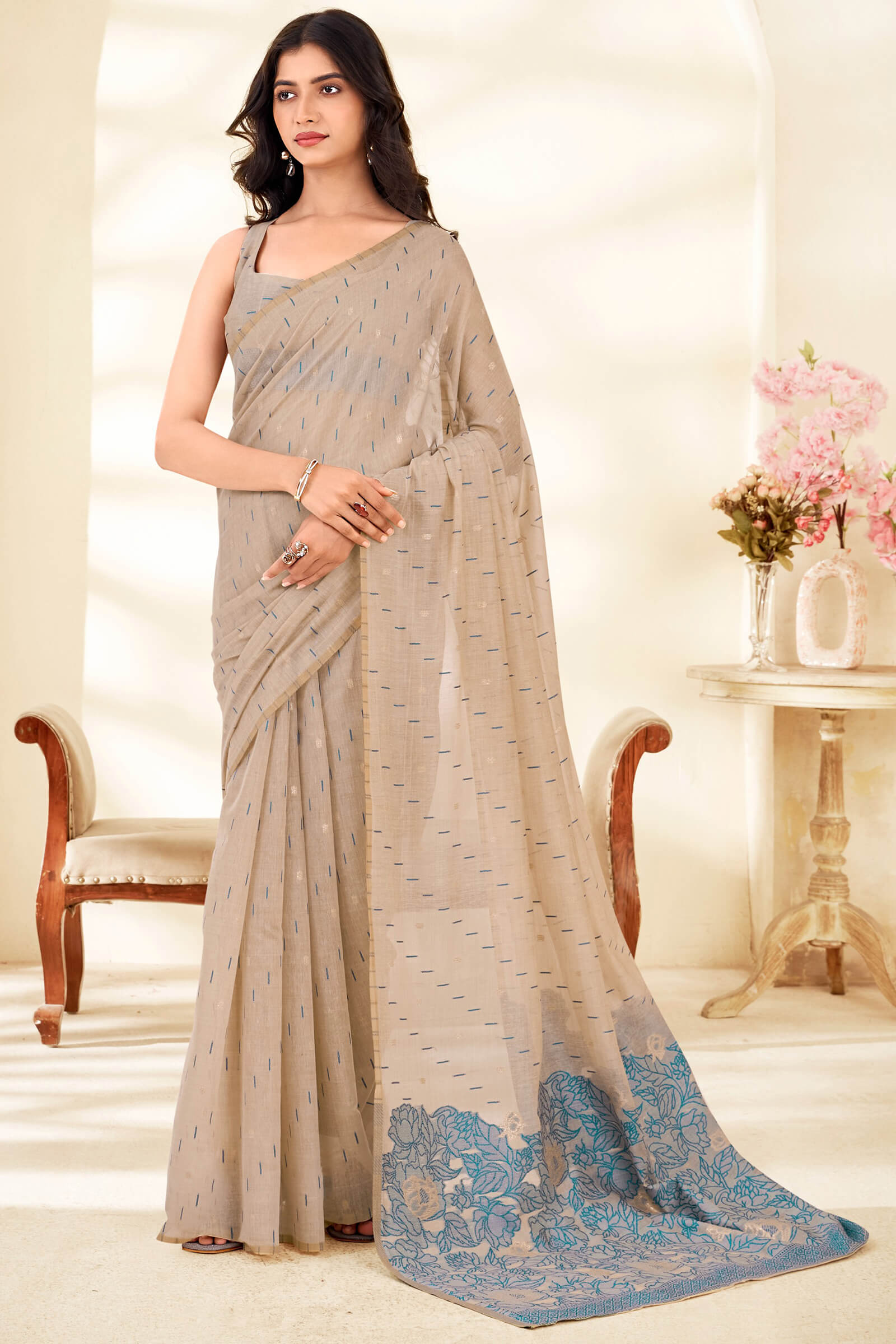 Panache Beige Pure Munga Cotton Saree With Precious Blouse Piece