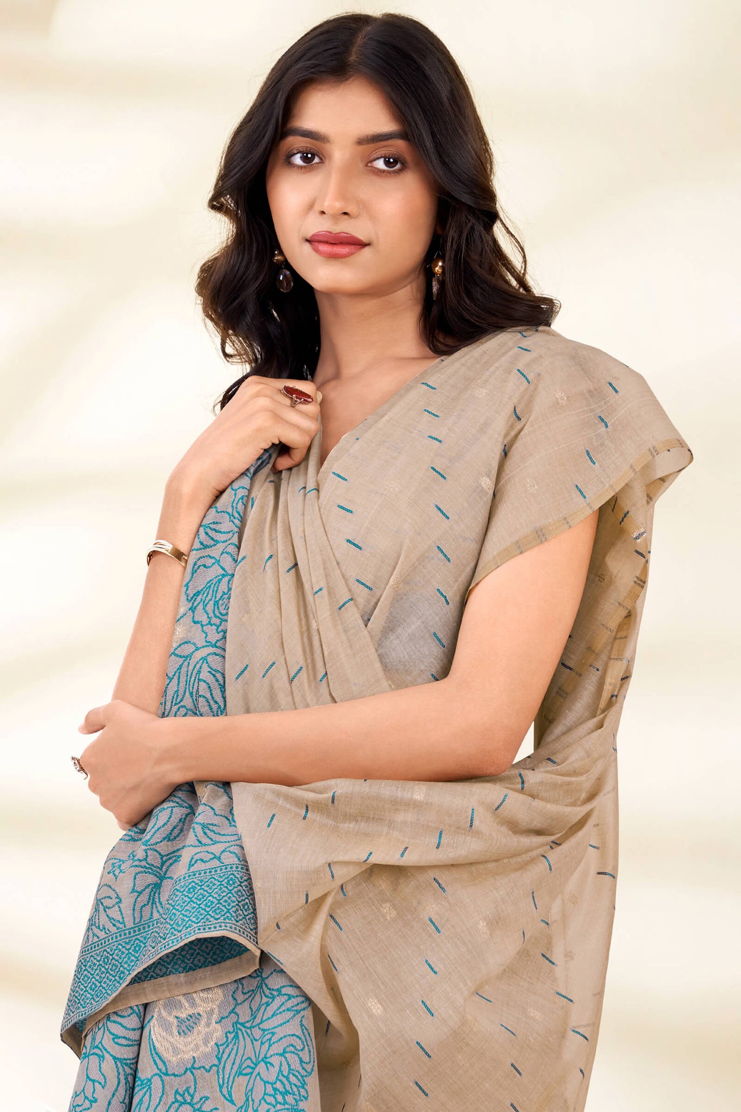 Panache Beige Pure Munga Cotton Saree With Precious Blouse Piece