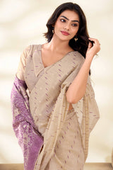 Stunner Beige Pure Munga Cotton Saree With Beleaguer Blouse Piece