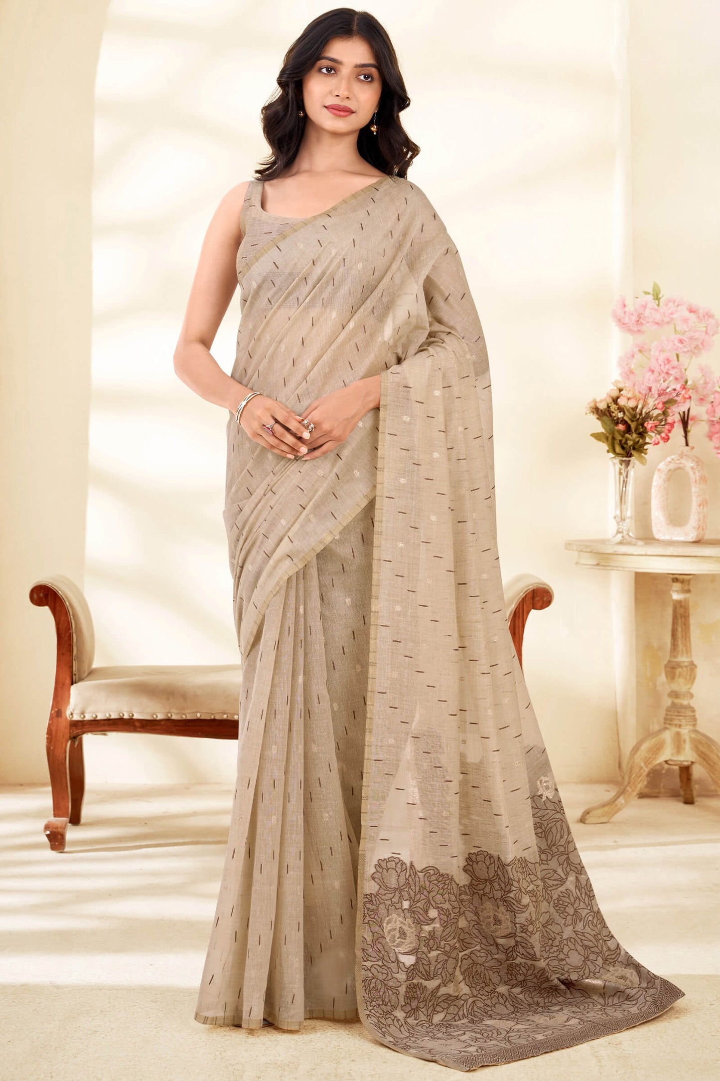 Energetic Beige Pure Munga Cotton Saree With Scrupulous Blouse Piece
