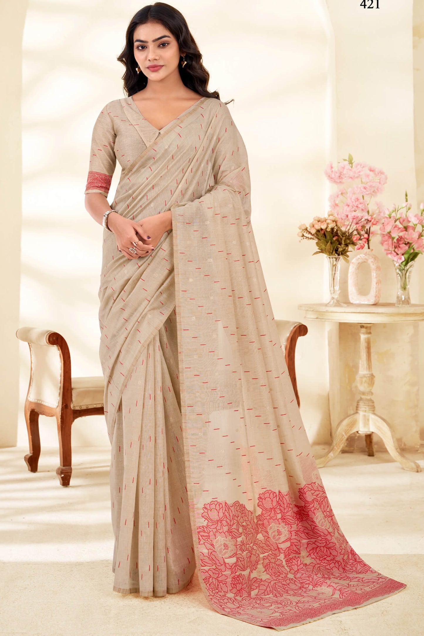 Elision Beige Pure Munga Cotton Saree With Charismatic Blouse Piece