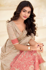 Elision Beige Pure Munga Cotton Saree With Charismatic Blouse Piece