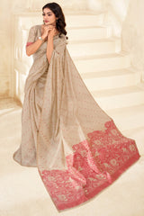 Elision Beige Pure Munga Cotton Saree With Charismatic Blouse Piece