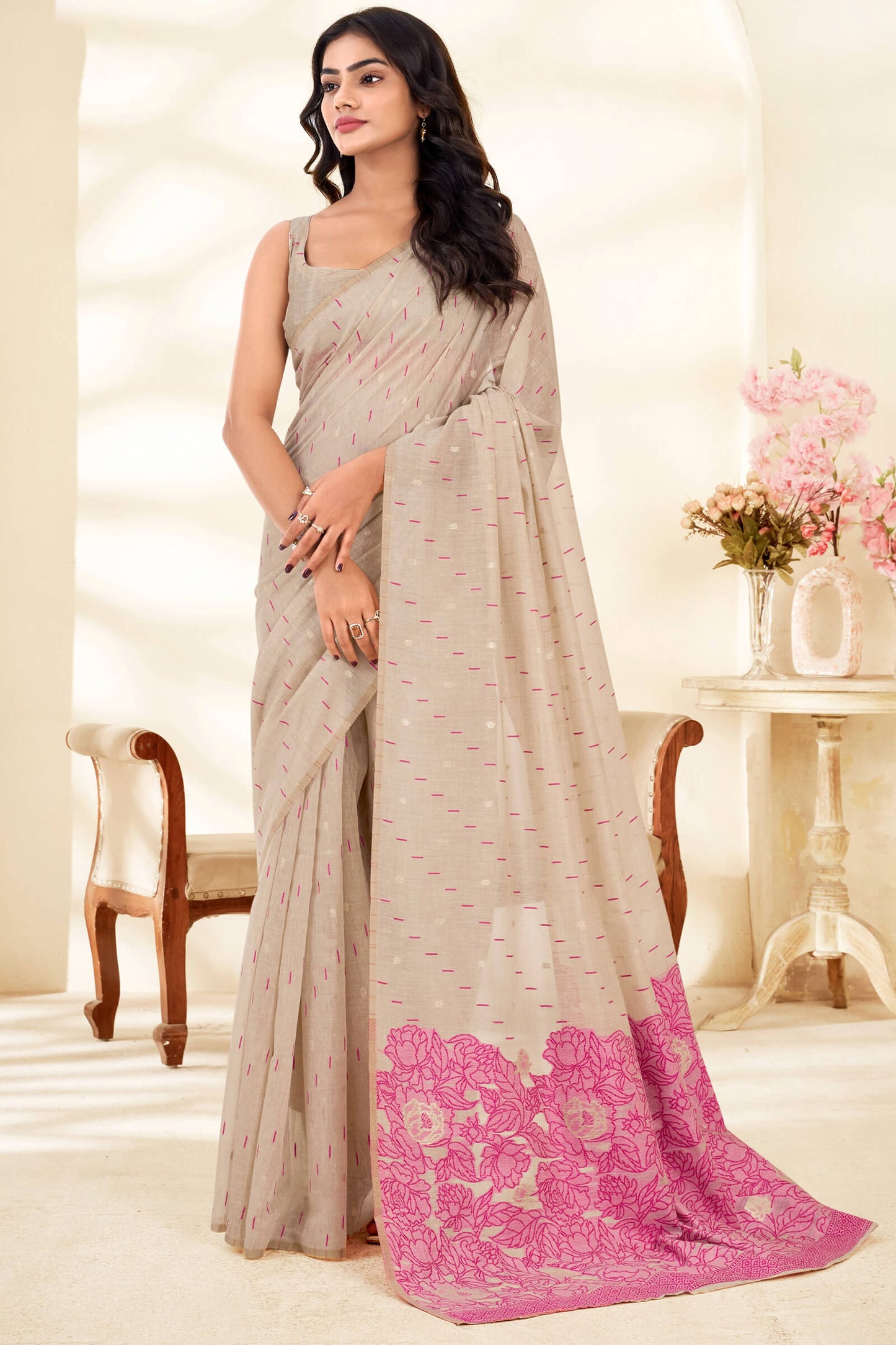 Smashing Beige Pure Munga Cotton Saree With Opulent Blouse Piece