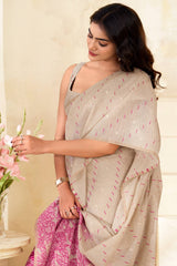 Smashing Beige Pure Munga Cotton Saree With Opulent Blouse Piece