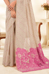 Smashing Beige Pure Munga Cotton Saree With Opulent Blouse Piece