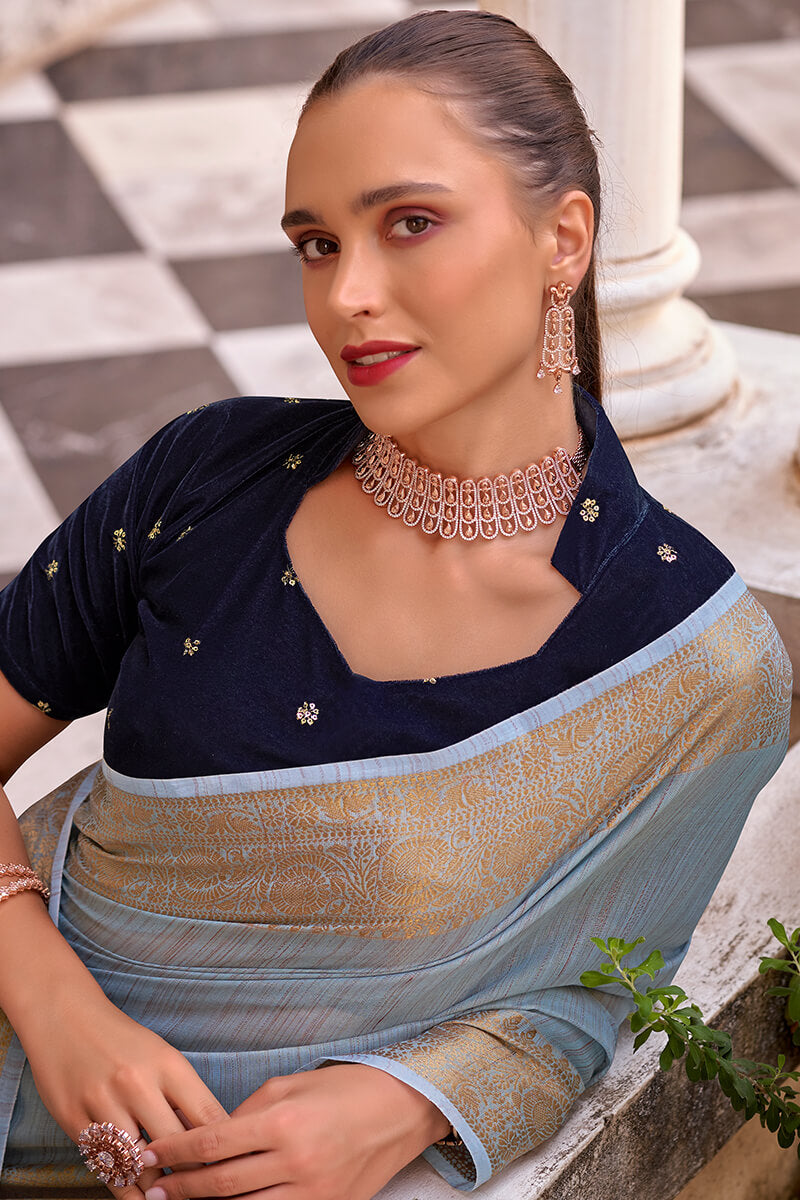 Alluring Sky Cotton Silk Saree With Phenomenal Blouse Piece