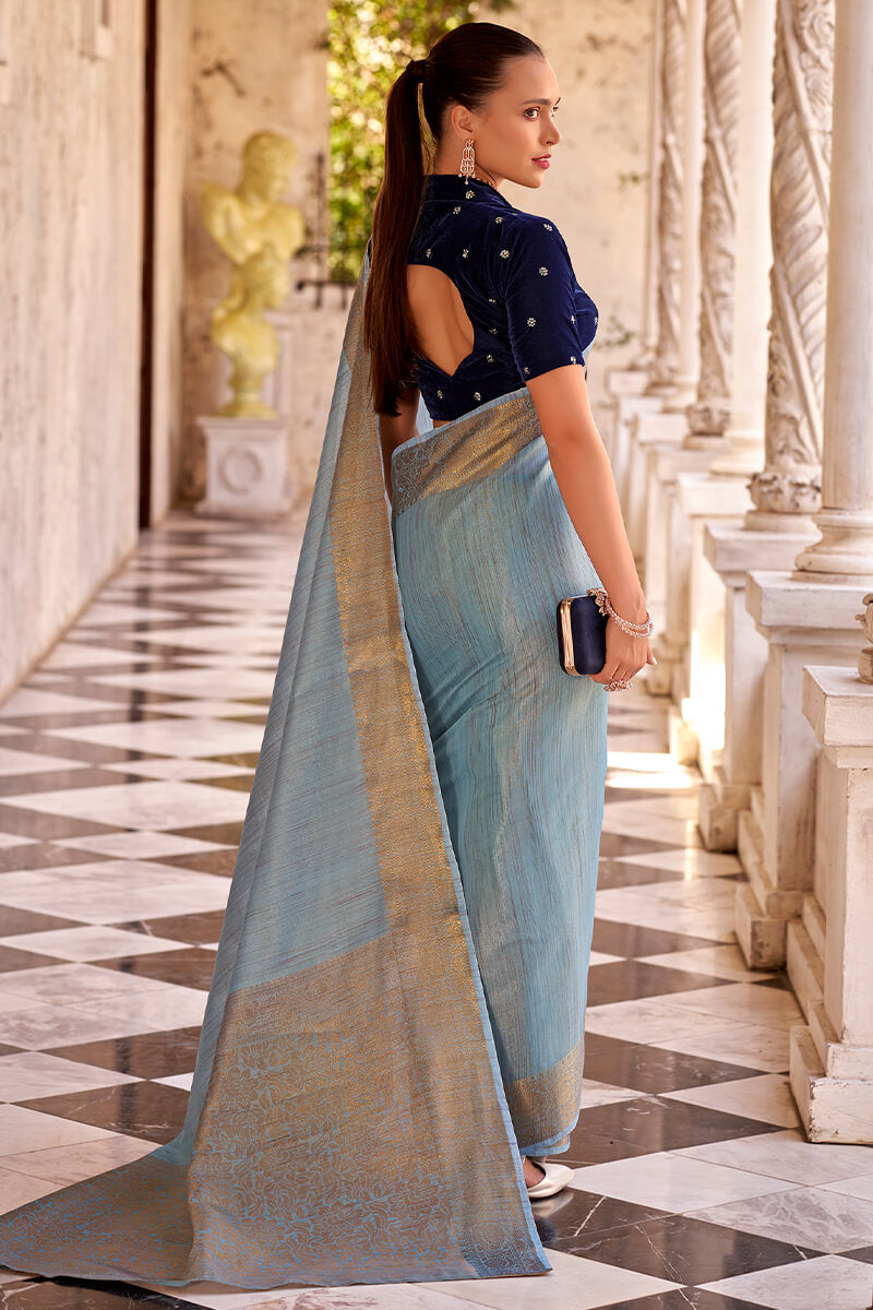 Alluring Sky Cotton Silk Saree With Phenomenal Blouse Piece