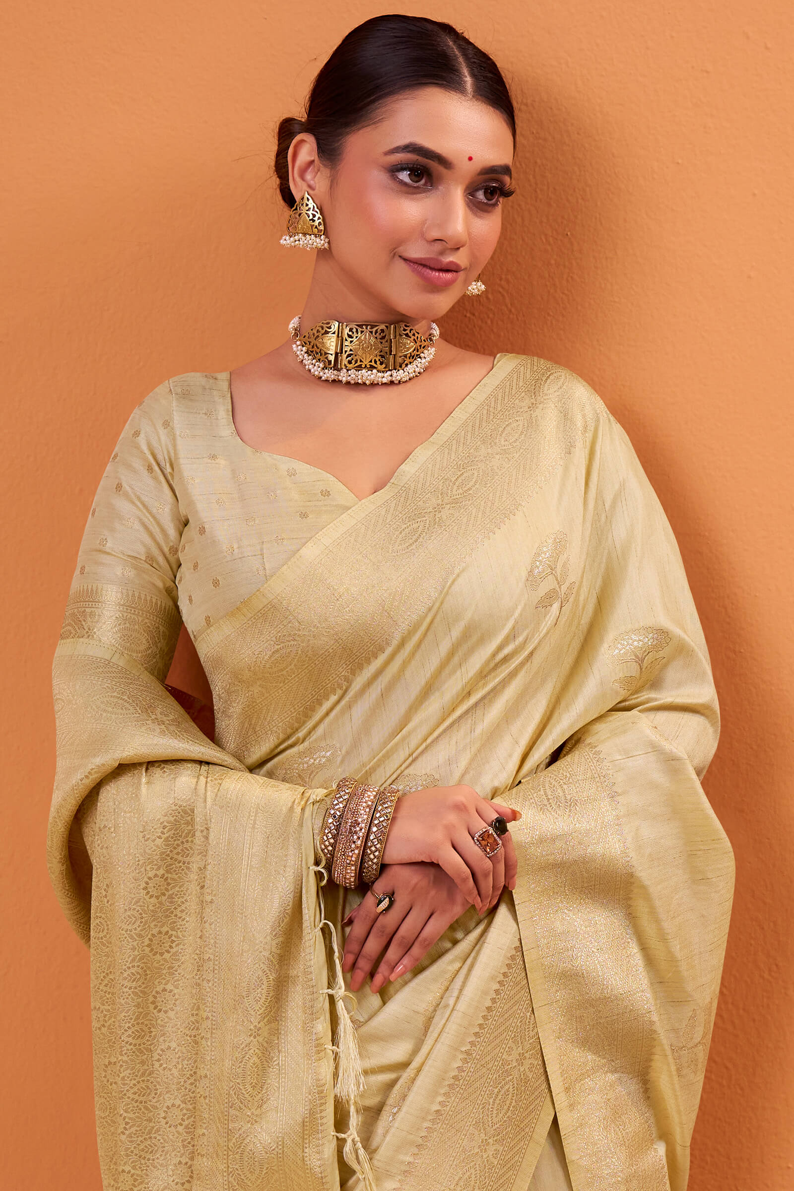 Brood Beige Banarasi Tussar Silk Saree With Proficient Blouse Piece